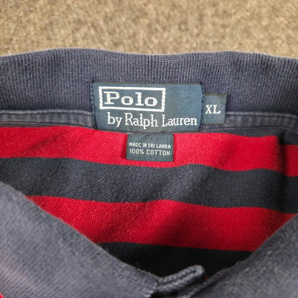 VTG Polo Ralph Lauren Polo Shirt Mens XL Navy Red Striped Pony Classic Fit Pique
